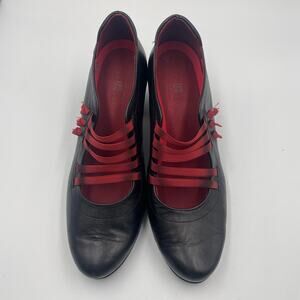 Jose Saenz Black Mary Jane Heels Pumps Red Elastic Straps Shoes 41 9.5